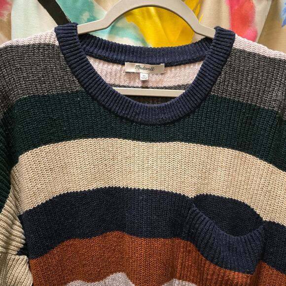 Madewell Thompson Pocket Pullover striped knit long sleeve crewneck sweater XL - Picture 3 of 9
